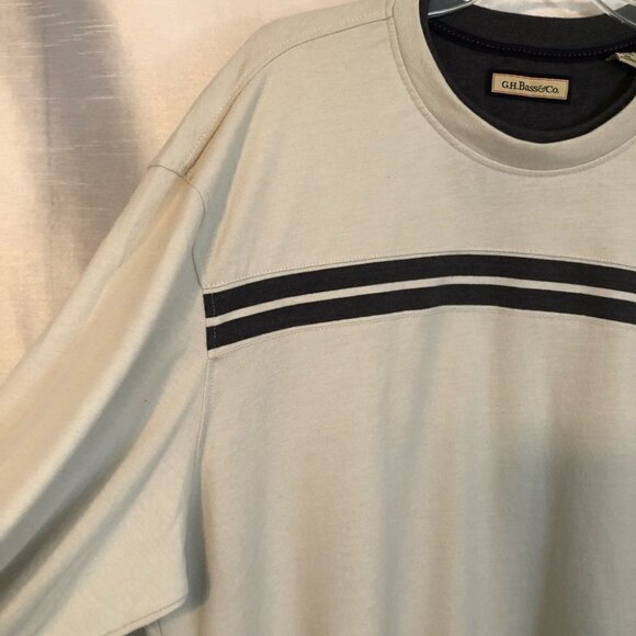 Vintage  G.H. Bass& Co. Long Sleeve Crew Neck Mens 2XLg Beige with Grey Stripe - Picture 3 of 8